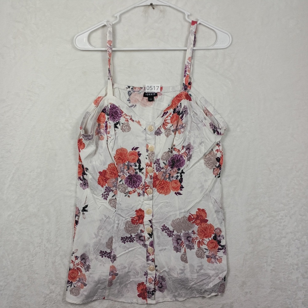 Torrid Cami Top Womens 1 White Floral Button Front Adjustable Strap Boho Summer